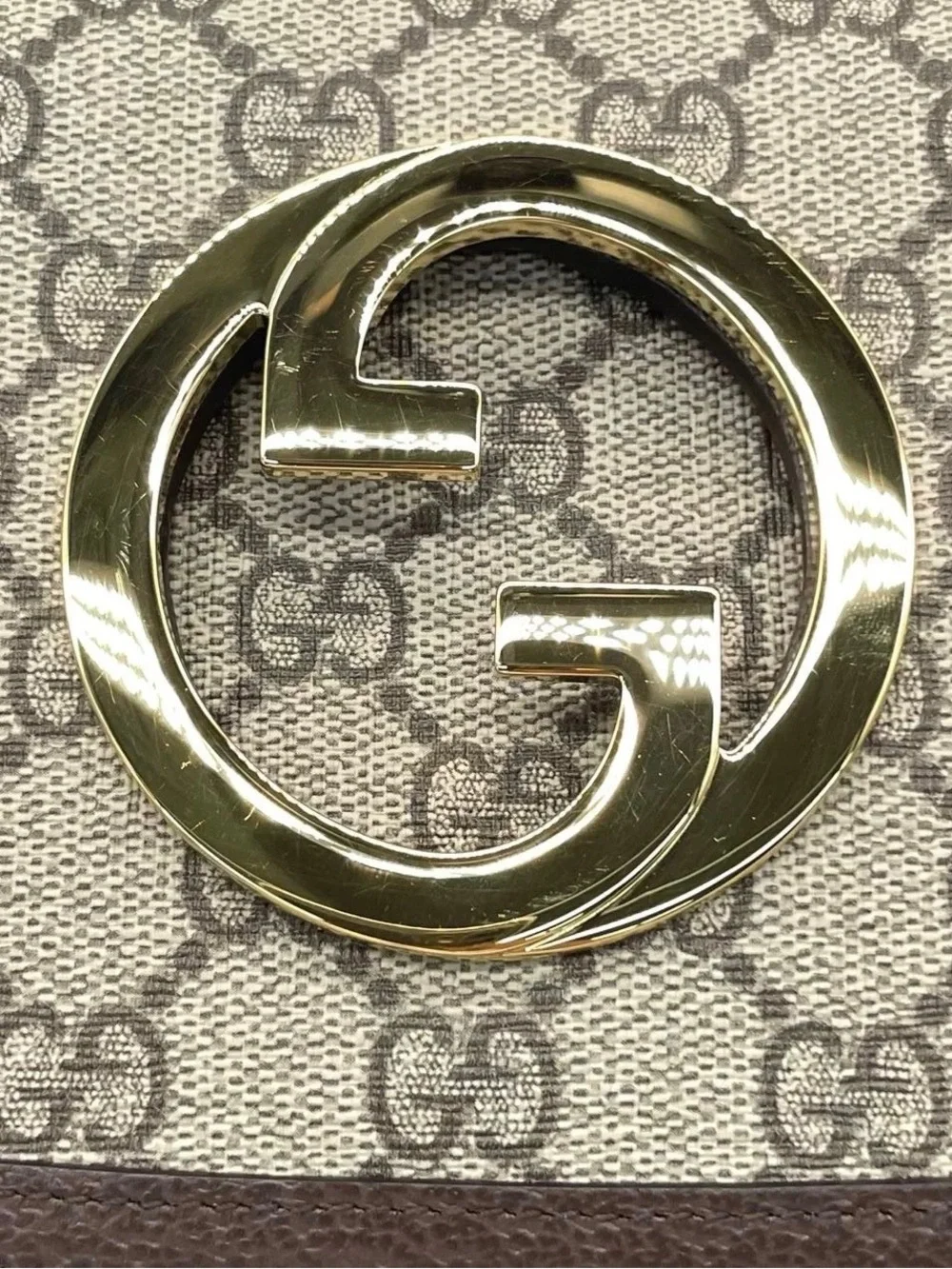 Gucci Beige GG Canvas and Brown Trim Crossbody with Gold Logo